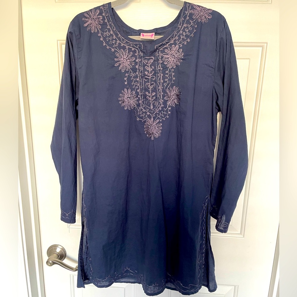 Viva Tunic Embroidered Cotton Blouse Blue‎ Long Sleeve Size XL